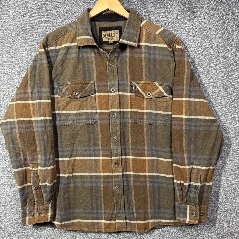 North River Flannel Shirt Mens XL Barn Brown Plaid Cotton Button Down